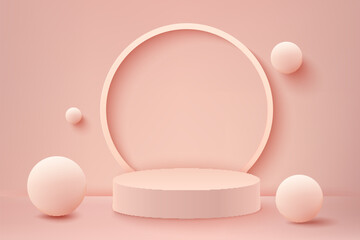 Abstract 3D realistic pink empty round podiums. Minimal scene for product display presentation. Award ceremony concept. Abstract scene with cylindrical podiums