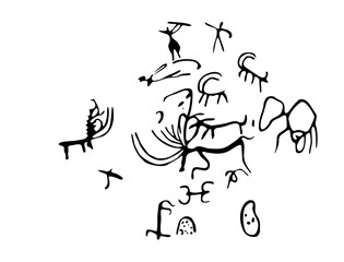 Vector illustration of a herd of cattle rock paintings. Prehistoric rock petroglyphs discovered on the territory of Armenia