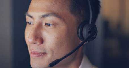 Call center, consultant and man with face and contact us, phone call zoom with communication and...