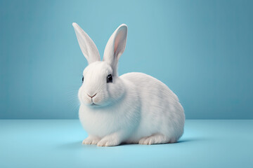 Obraz premium White bunny on pastel blue background, Easter day. Generative AI, 3d rendering, rabbit, bunny, easter, white, cute, holiday, hare