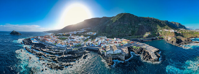 Aerial view above the beautiful village of Garachico in Tenerife, Canary Islands