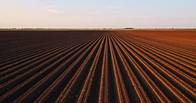 Drone shot of a fertile arable agricultural industrial farm field