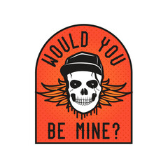 Skull logo template with wings in colorful gradient style with quote - would you be mine. Retro label design. Stock vector badge isolated on white background