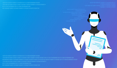 Vector illustration of a chatting, guiding, conversing robot. Image with binary data and blue gradient background. Copy space available.