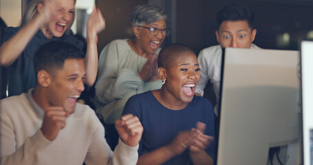 Clapping, winning and business people on computer at night for global sales, stock market or...