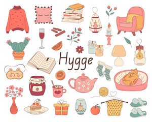Set of hygge icons. Warm and cozy things. Hand drawn illustration in doodle style.