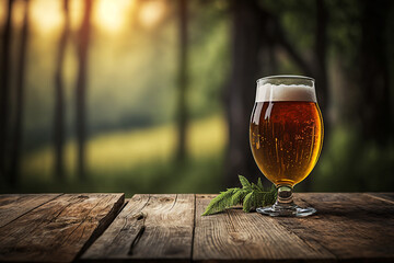 a glass beer glass on a wooden table in the blurred forest background Generative AI