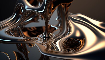 Liquid metal close-up, metal drops, wallpaper 16:9, created with Generative AI technology.