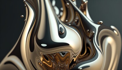 Liquid metal close-up, metal drops, wallpaper 16:9, created with Generative AI technology.