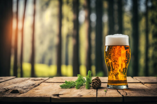 a glass beer glass on a wooden table in the blurred forest background Generative AI