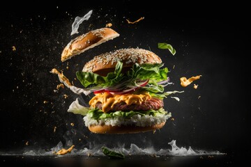 Fototapeta na wymiar Mediterranean burger with grilled shrimps, cheddar cheese, arugula, onion, cucumbers and sesame flying in motion on the black background. Generative Ai