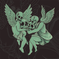 Gothic vector illustration with human skull and angel wings on a dark background

