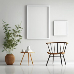 Interior poster mock up with vertical empty wooden frames, plant, sofa and chair in living room with white wall. Ai generated