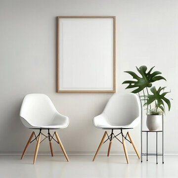 Interior poster mock up with vertical empty wooden frames, plant, sofa and chair in living room with white wall. Ai generated