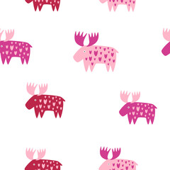 Seamless pattern with mooses in hearts in modern style for prints.