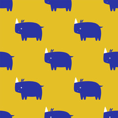 Seamless pattern with rhinos in a yellow and blue colors in modern style for prints.