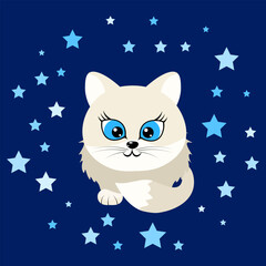Kitten with blue eyes and stars. Children's print on clothes. Vector illustration
