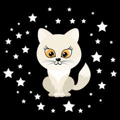 Gray kitten and white stars. Children's print on clothes. Vector illustration