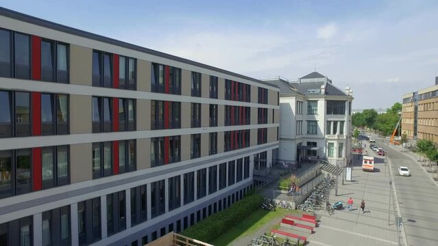 Drone shot of the uni hospital in Leipzig, Saxony on a sunny day