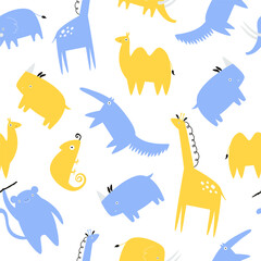 Seamless pattern with yellow and blue african animals