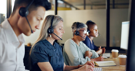 Senior call center consultant, woman and contact us, CRM and talking in customer service, computer...