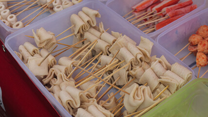 Korean street food, Odeng or fish cake skewer. which are sold in Indonesian street food centers