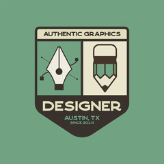 Design studio logo template for creative business. Designers agency badge for artists. Authentic graphics. Stock vector label