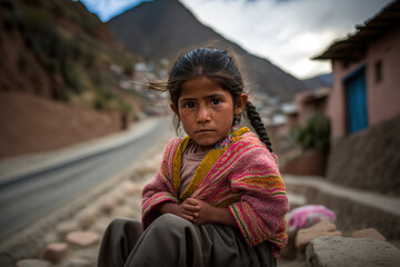 Peruvian children in poverty. Indigenous girl. generate by ai