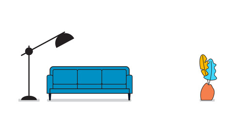Modern sofa with a lamp and plant, cute interior in flat style