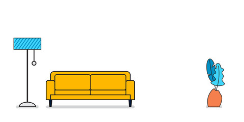 Modern sofa with a lamp and plant, cute interior in flat style