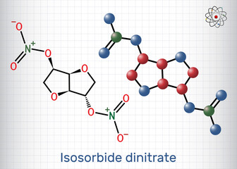 Isosorbide dinitrate, ISDN molecule. It is vasodilator used to treat angina in coronary artery disease. Structural chemical formula, molecule model. Sheet of paper in a cage