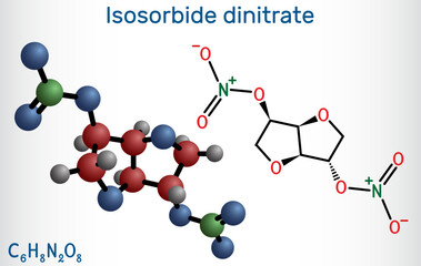 Isosorbide dinitrate, ISDN molecule. It is vasodilator used to treat angina in coronary artery disease. Structural chemical formula and molecule model