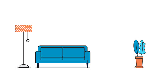 Modern sofa with a lamp and plant, cute interior in flat style