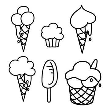 Cute set of 5 types of ice cream and cupcake. Doodle vector black and white illustration.