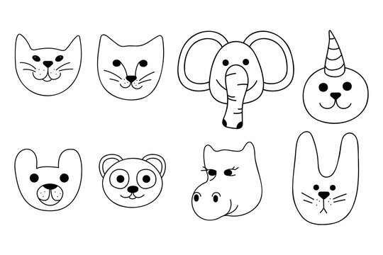 Cute little set with animal faces. Doodle black and white vector illustration.