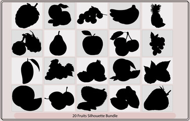 Fruit icon collection,silhouette various fruits ,Fruits and berries black silhouettes