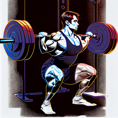 (NOT REAL PERSON) Handsome barbell squats in the gym flat design black- Generative AI