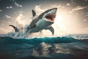 great white shark jumping out of ocean water made by generative ai