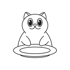 Сat character sits near plate icon. Vector. Line style.