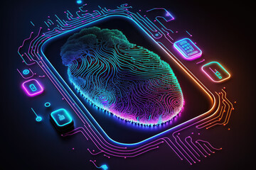 3d neon digital data network with fingerprint security scanner made by generative ai