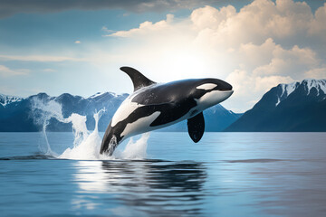 orca jumping out of ocean water with mountains in background made by generative ai - obrazy, fototapety, plakaty