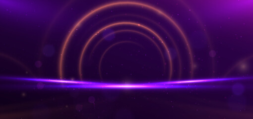 Abstract circle glowing gold lines on dark purple background with lighting effect and sparkle with copy space for text.
