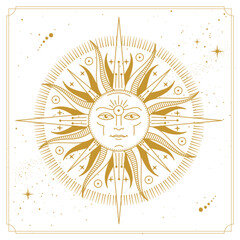 Modern magic witchcraft card with astrology sun sign with human face.Vecto illustration of sun with human face