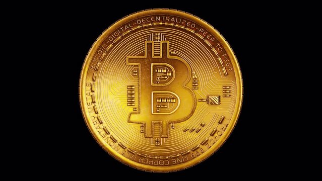 Golden bitcoin tokens spinning loop with alpha channel