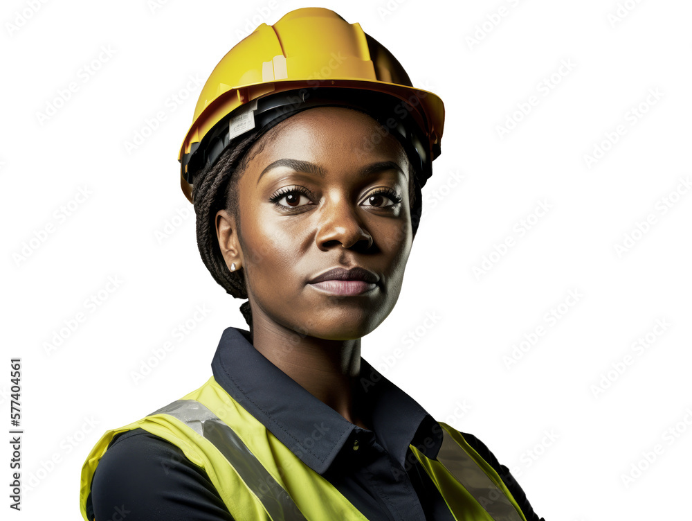 Wall mural Portrait of a black woman construction worker wearing hart hat. Generative ai