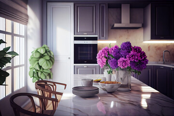Fototapeta na wymiar Modern composition of kitchen space with design kitchen island, grey table, flowers, furnitures, big window and elegant personal accessories. Stylish home decor. Created with Generative AI technology