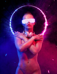 Poster with hot DJ woman in neon lights. Portrait of sexy TDJ at the night club party. Mixtape or book cover design - download high resolution picture for your song cover. The template for song album.