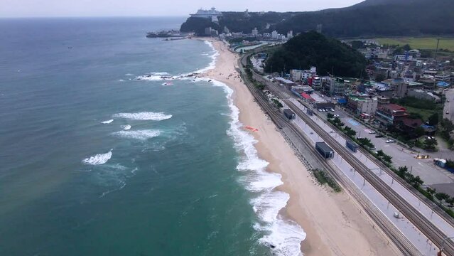 Jeongdongjin, Gangwon-do, Korea's sea, East Sea, Waves Beach, Rail Road, Train, Aerial View