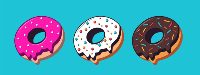 Vanilla, chocolate and strawberry donat with colored icing and sweet sprinkles. A pattern of vector sweets. Vector donates delicious set with liquid glaze.