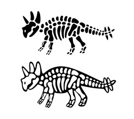 Triceratops bones and skull. Triceratops skeleton. Prehistoric animal silhouette. Paleontology and archeology. Prehistoric creature bones